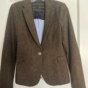 Zara Basic Brown Wool Tweed Blazer with Houndstooth Elbow Patches.